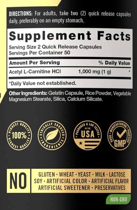 Acetyl L-Carnitine HCl 1000mg Facts
