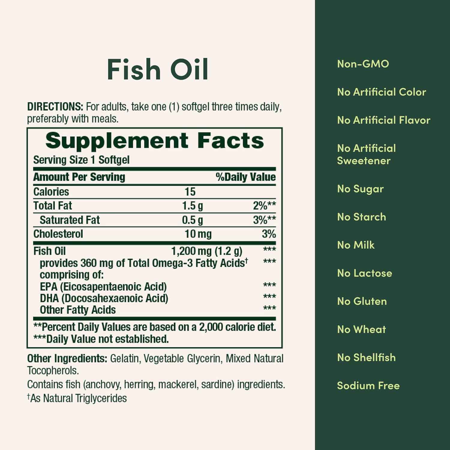 Omega-3 Fish Oil 1200mg, 200 Softgels supplement facts