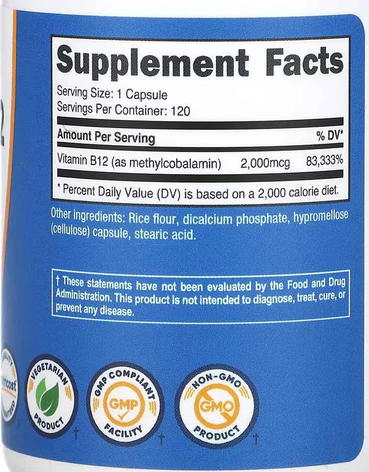 Nutricost Vitamin B12 2000 mcg facts