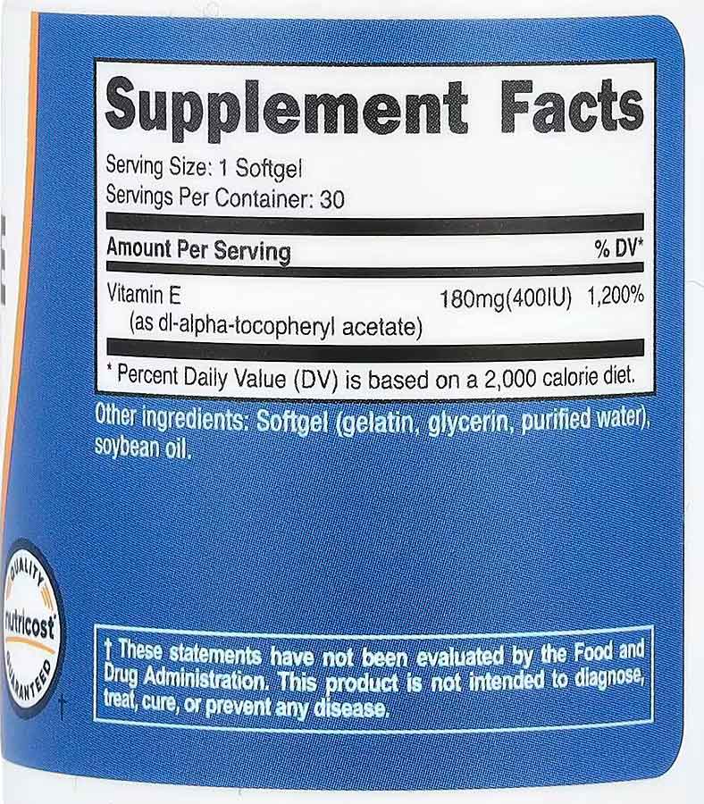 Vitamin E 180 mg (400 IU), 30 Softgels supplement facts
