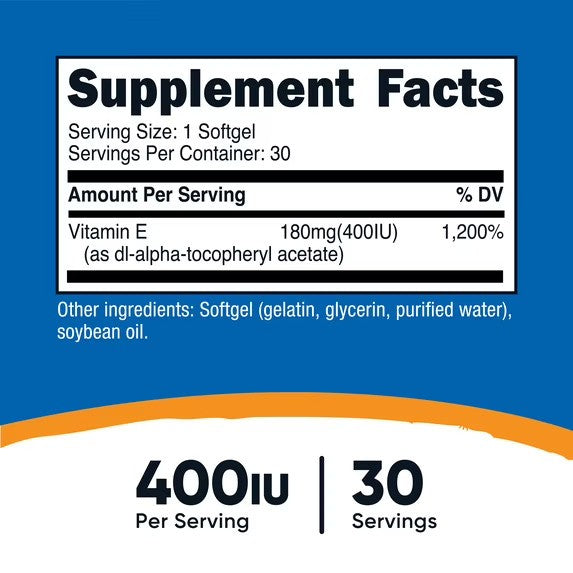 Vitamin E 180mg (400 IU), 30 Softgels Facts