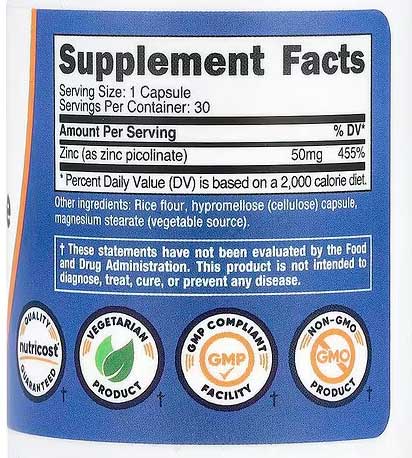 Zinc Picolinate 50mg, 30 Caps  Facts