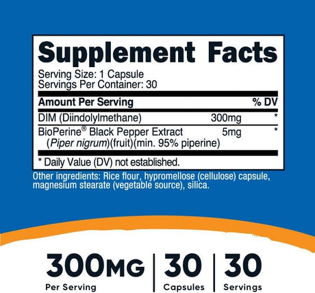 DIM (Diindolylmethane 300mg) 30 Capsules supplement facts