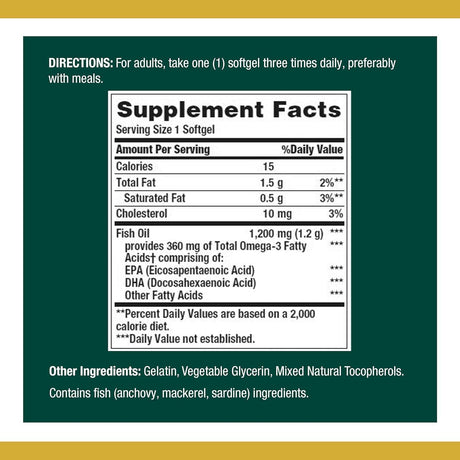 Omega-3 Fish Oil, 1200mg, 120 Softgels Facts