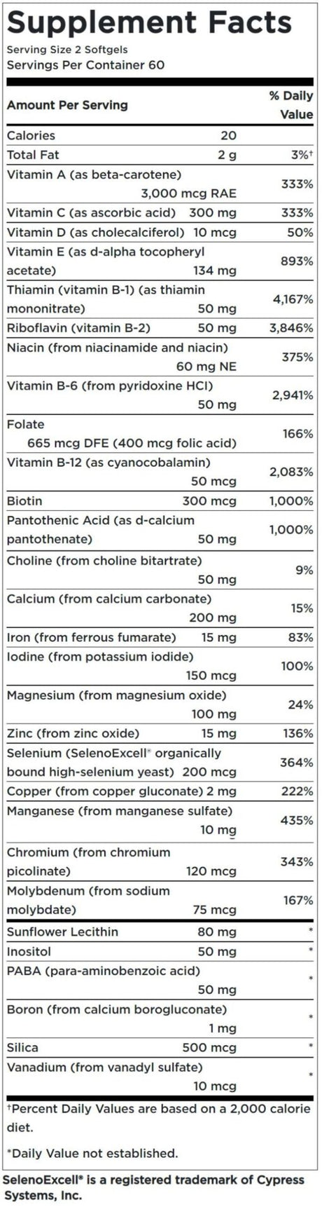 Multi Vitamins & Minerals – Supplement Facts